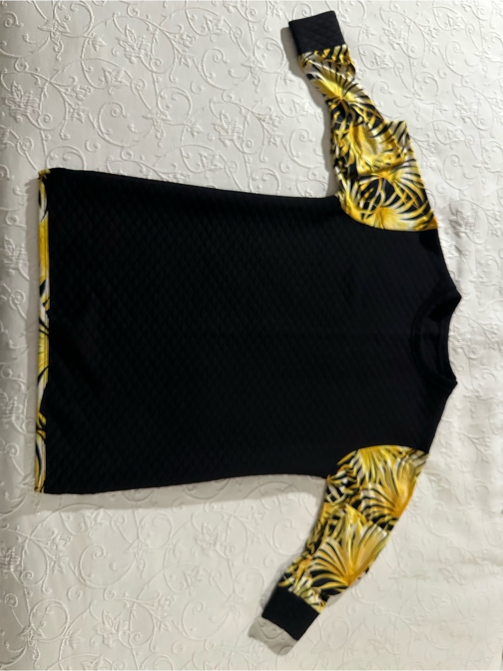 Black Top with Yellow Tropical Sleeve Accents